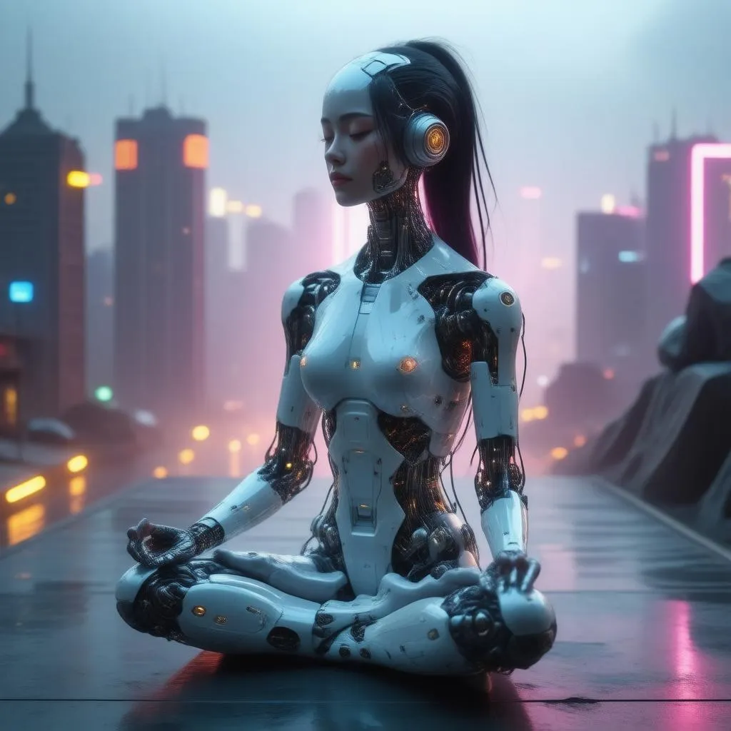 A hyperrealistic portrait of a cyborg meditating in a lotus position, bathed in the ethereal glow of a neon cityscape. (This blends organic and technological elements with a touch of surrealism.