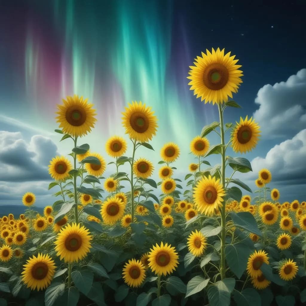 A surreal landscape depicting a field of towering sunflowers that bloom with the colors of the aurora borealis.