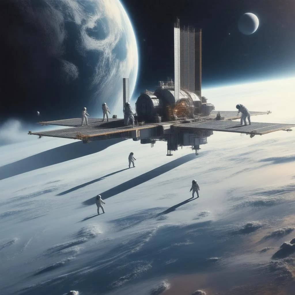 A digital art piece in the style of a Renaissance painting, portraying a futuristic space station orbiting a gas giant, with astronauts conducting research in zero gravity.