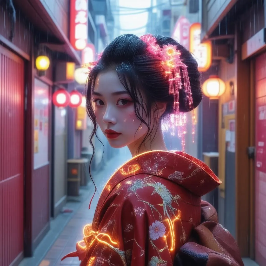 A cyberpunk portrait of a geisha with glowing neon implants, navigating a neon-drenched alleyway in a futuristic Tokyo.