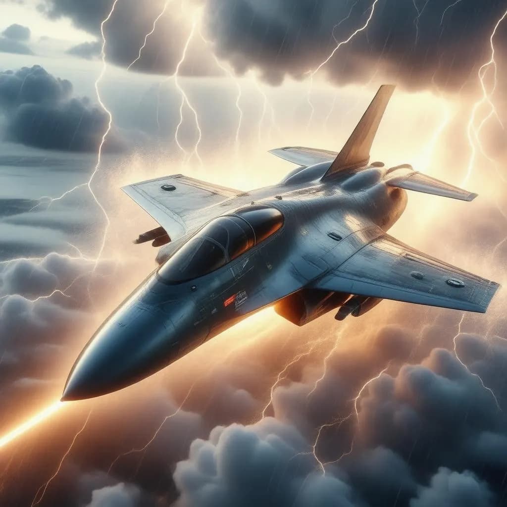 A hyper-realistic jet with sleek metallic surfaces and plasma engines, slicing through a raging thunderstorm, with vivid lightning illuminating the craft and raindrops streaking against its shimmering hull.