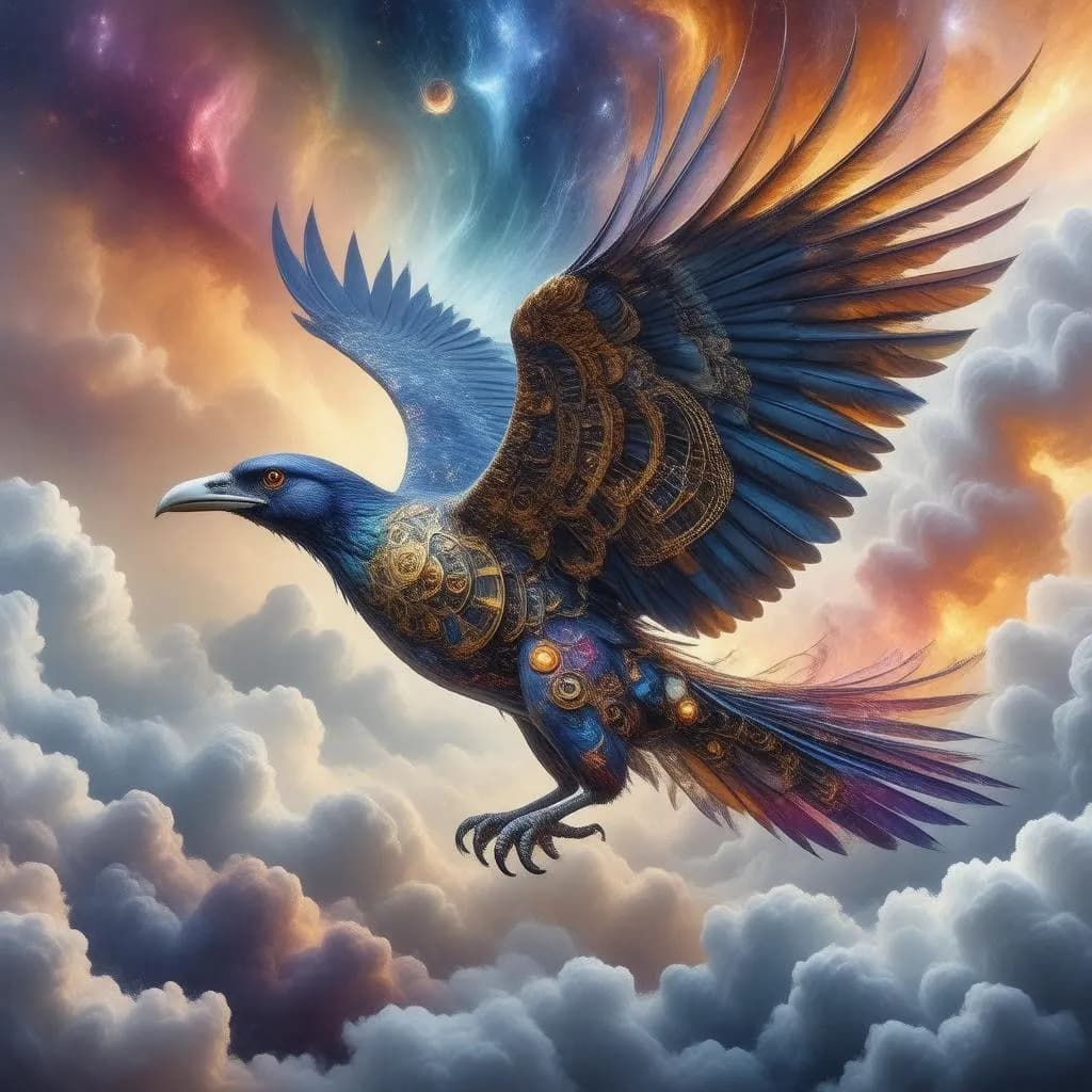 A surreal dreamscape depicting a colossal clockwork bird soaring through a galaxy of swirling clouds, its feathers ablaze with vibrant colors.
