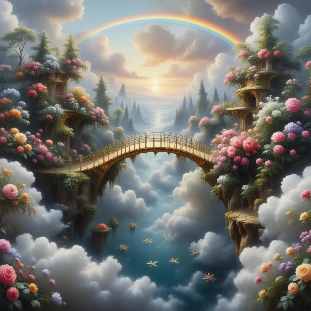 A dreamlike garden floating in the sky, with colorful flowers blooming on clouds, golden bridges connecting floating islands, and a vibrant rainbow arching across the scene, under a serene twilight sky.