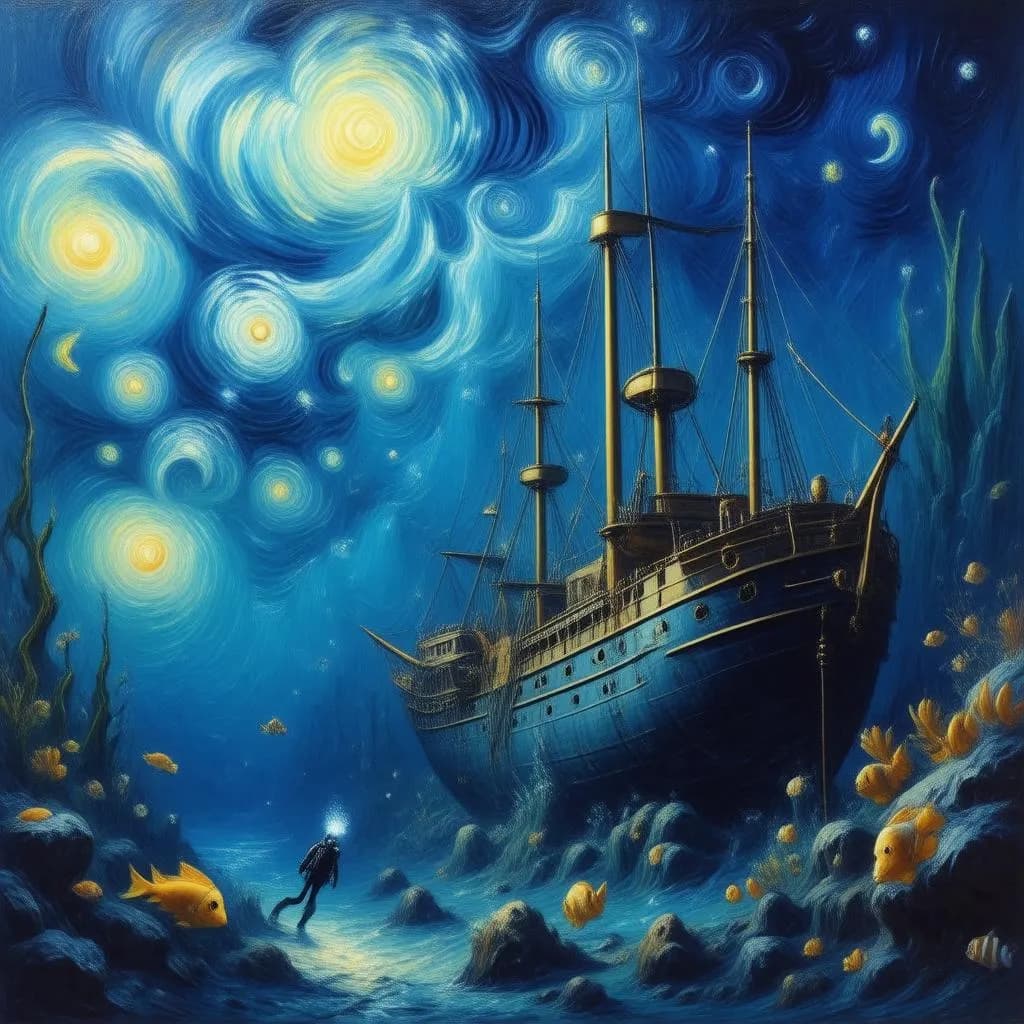 A digital art piece in the style of Van Gogh, portraying a vibrant underwater scene with swirling schools of fish and a lone diver exploring a sunken ship.