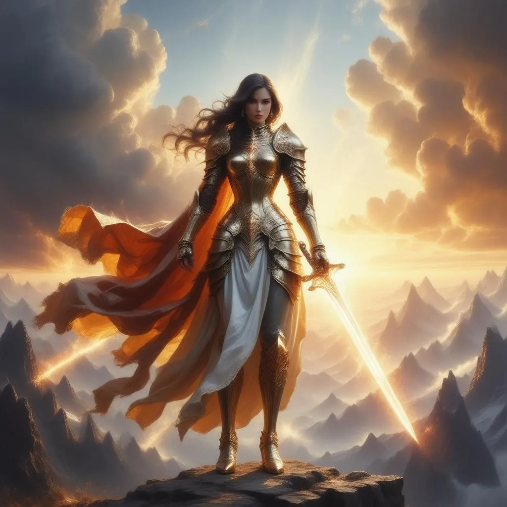 A fearless female warrior in ornate golden armor, wielding a glowing sword, standing atop a mountain peak with her cape billowing in the wind, and a dramatic fiery sunset painting the sky behind her.