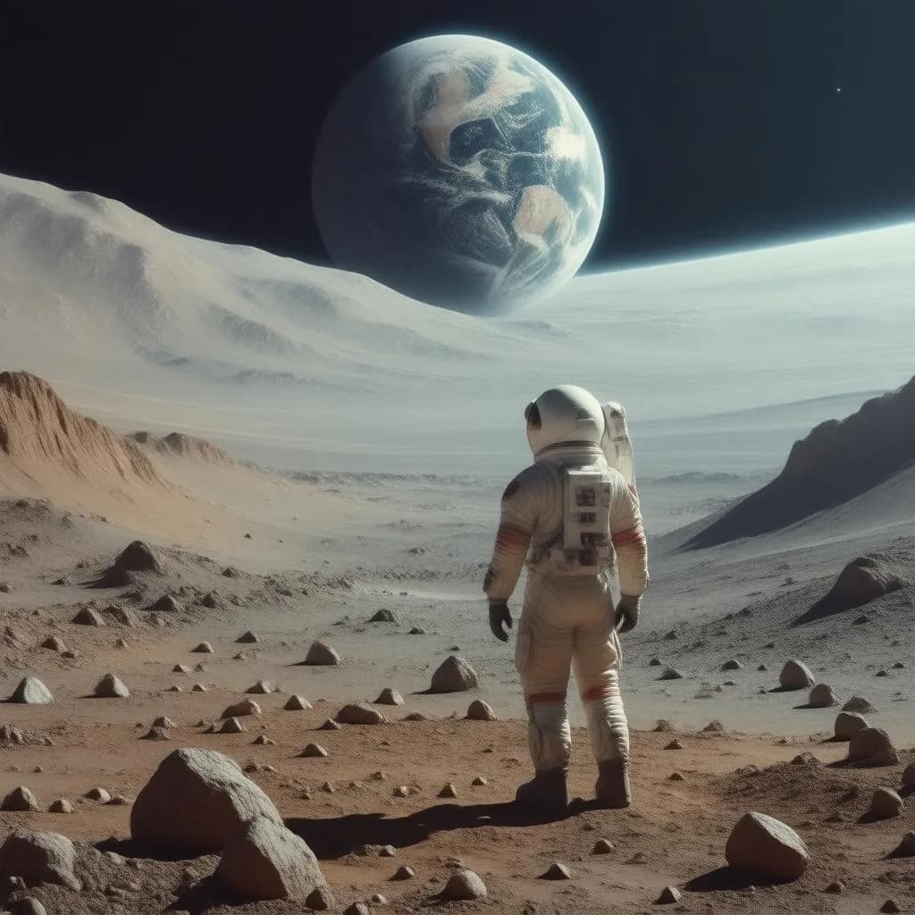 A photorealistic image of a lone astronaut gazing at Earth from the surface of Mars, with a breathtaking view of the Martian landscape in the background.